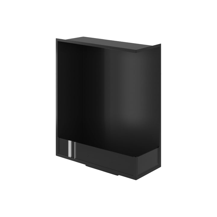 Bioethanol Einbau Eckkamin BASE Vertikal Rechts 80x100 cm in Schwarz, Schrägansicht von oben ohne Flammen auf weißem Hintergrund