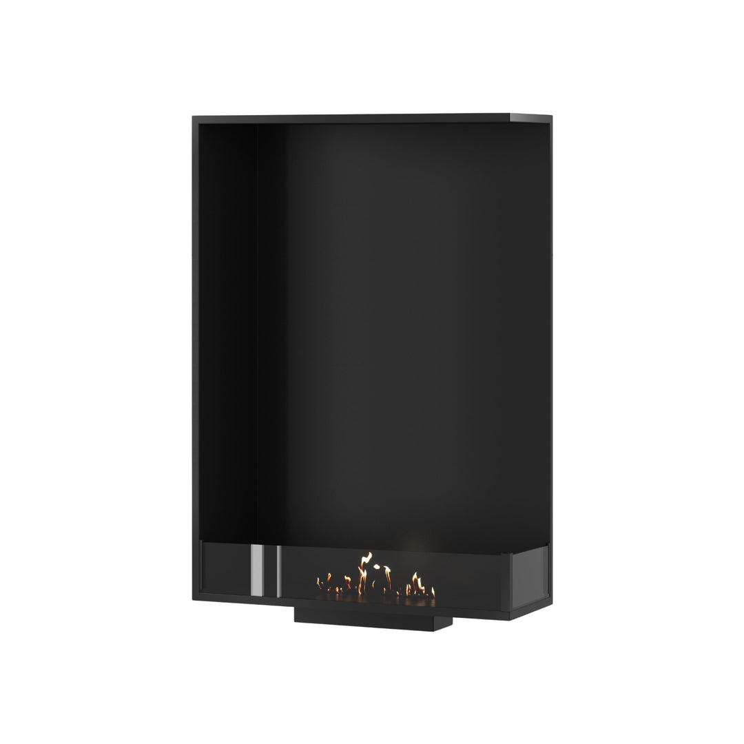 Bioethanol Einbau Eckkamin BASE Vertikal Rechts 80x120 cm mit niedriger Glasscheibe in Schwarz, Perspektivansicht mit Flammen auf weißem Hintergrund