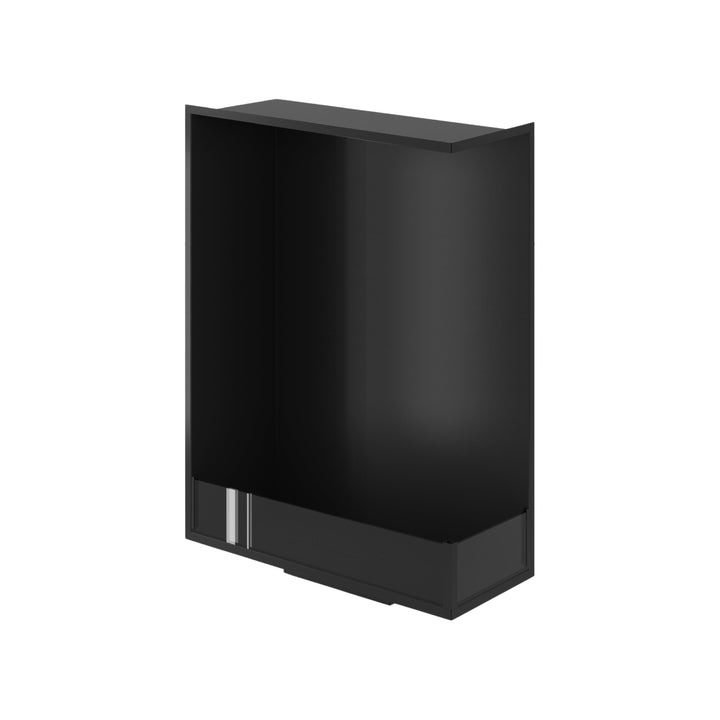 Bioethanol Einbau Eckkamin BASE Vertikal Rechts 80x120 cm in Schwarz, Schrägansicht von oben ohne Flammen auf weißem Hintergrund