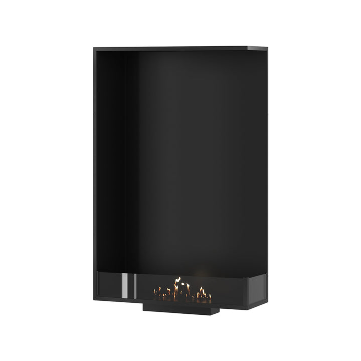 Bioethanol Einbau Eckkamin BASE Vertikal Rechts 80x140 cm mit niedriger Glasscheibe in Schwarz, Perspektivansicht mit Flammen auf weißem Hintergrund