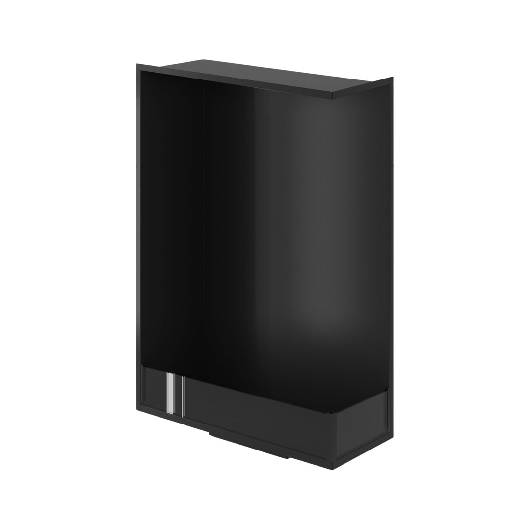 Bioethanol Einbau Eckkamin BASE Vertikal Rechts 80x140 cm in Schwarz, Schrägansicht von oben ohne Flammen auf weißem Hintergrund