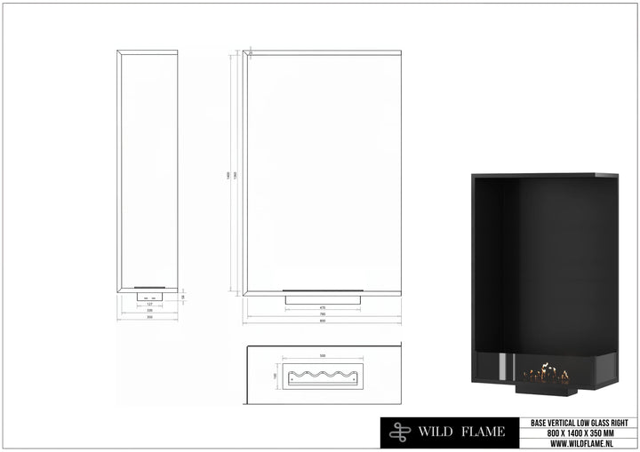 Bioethanol Einbau Eckkamin BASE Vertikal Rechts 80x140 technische Zeichnung mit Maßen 800 x 1400 x 350 mm