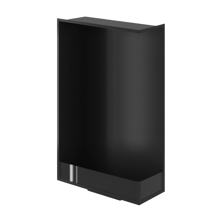 Bioethanol Einbau Eckkamin BASE Vertikal Rechts 80x160 cm in Schwarz, Schrägansicht von oben ohne Flammen auf weißem Hintergrund