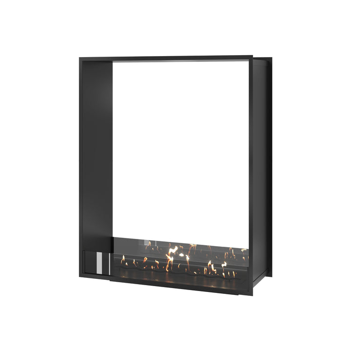 Bioethanol Einbau Tunnelkamin FAME Vertikal 100x100 cm mit niedriger Glasscheibe in Schwarz, Perspektivansicht auf weißem Hintergrund