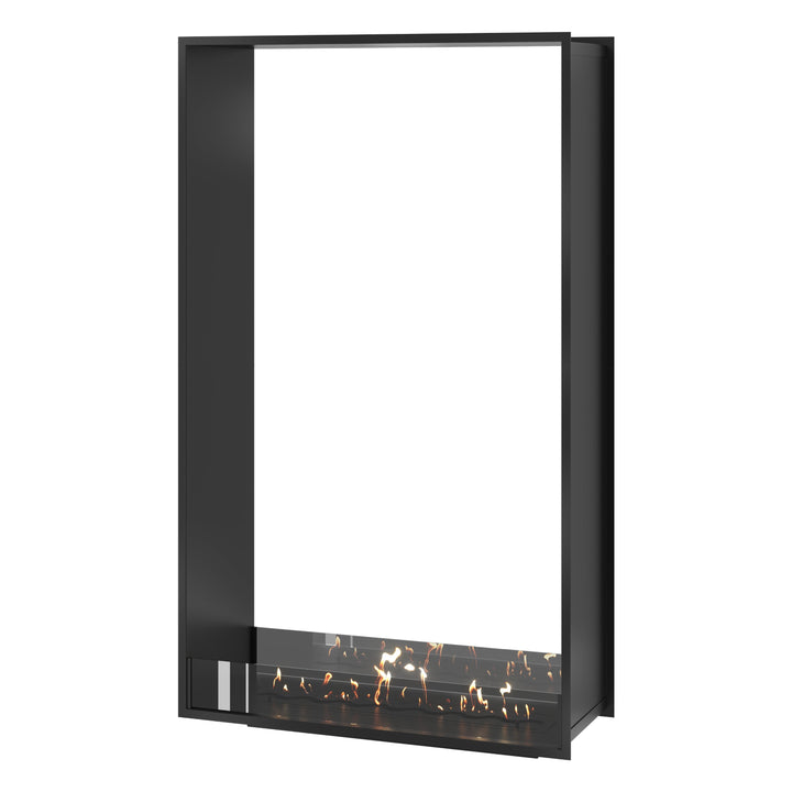Bioethanol Einbau Tunnelkamin FAME Vertikal 100x200 cm mit niedriger Glasscheibe in Schwarz, Perspektivansicht auf weißem Hintergrund