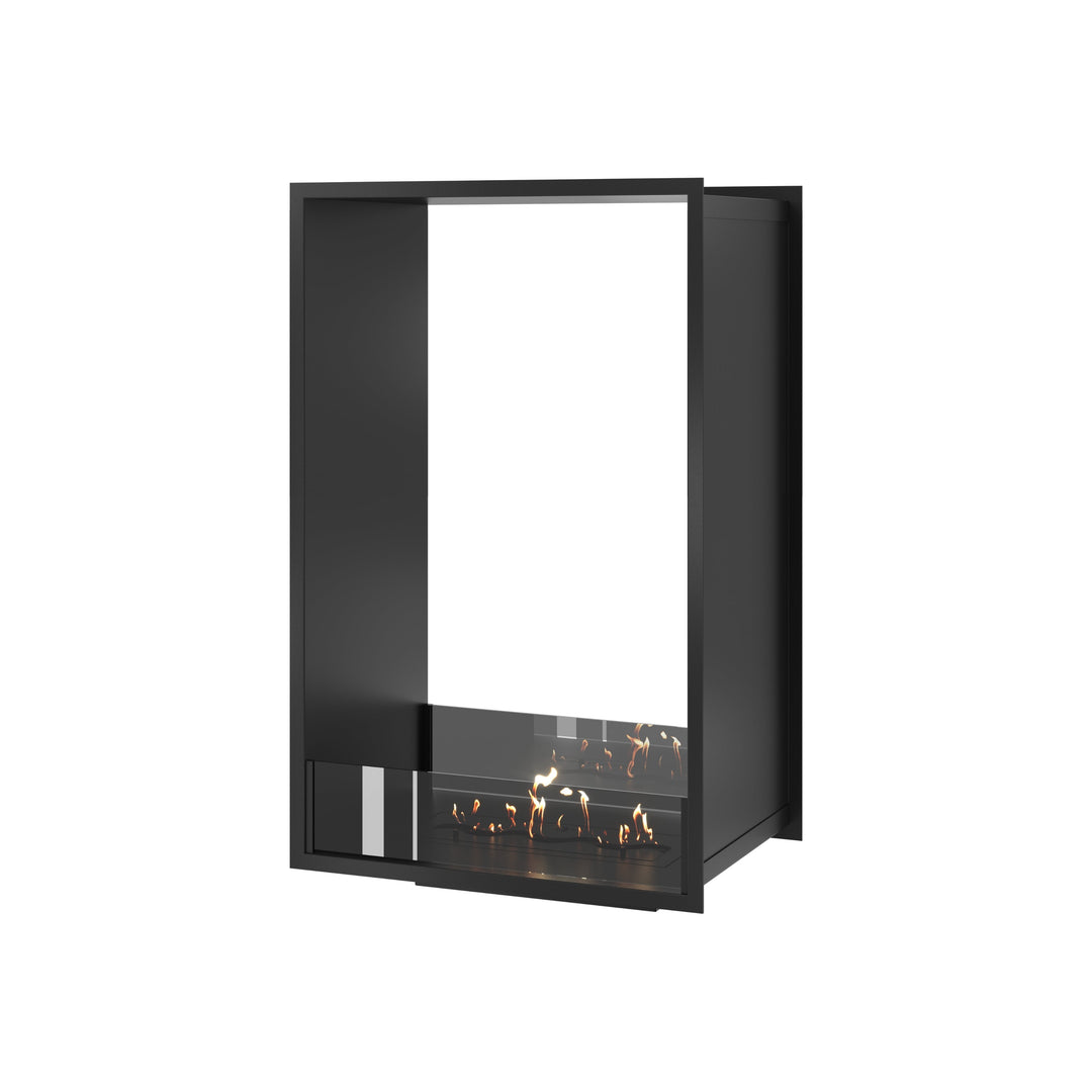 Bioethanol Einbau Tunnelkamin FAME Vertikal 60x100 cm mit niedriger Glasscheibe in Schwarz, Perspektivansicht auf weißem Hintergrund