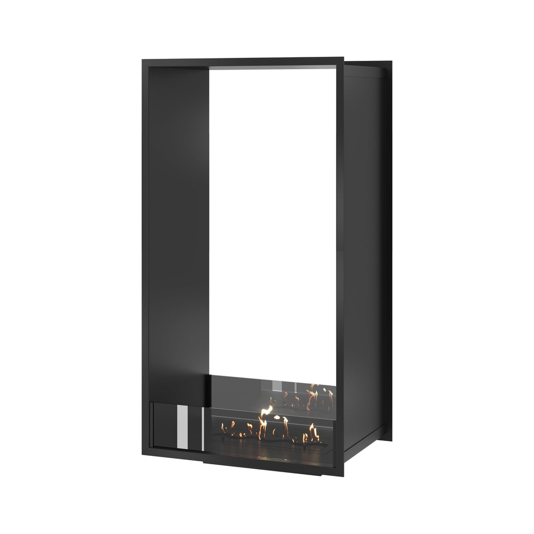 Bioethanol Einbau Tunnelkamin FAME Vertikal 60x140 cm mit niedriger Glasscheibe in Schwarz, Perspektivansicht auf weißem Hintergrund