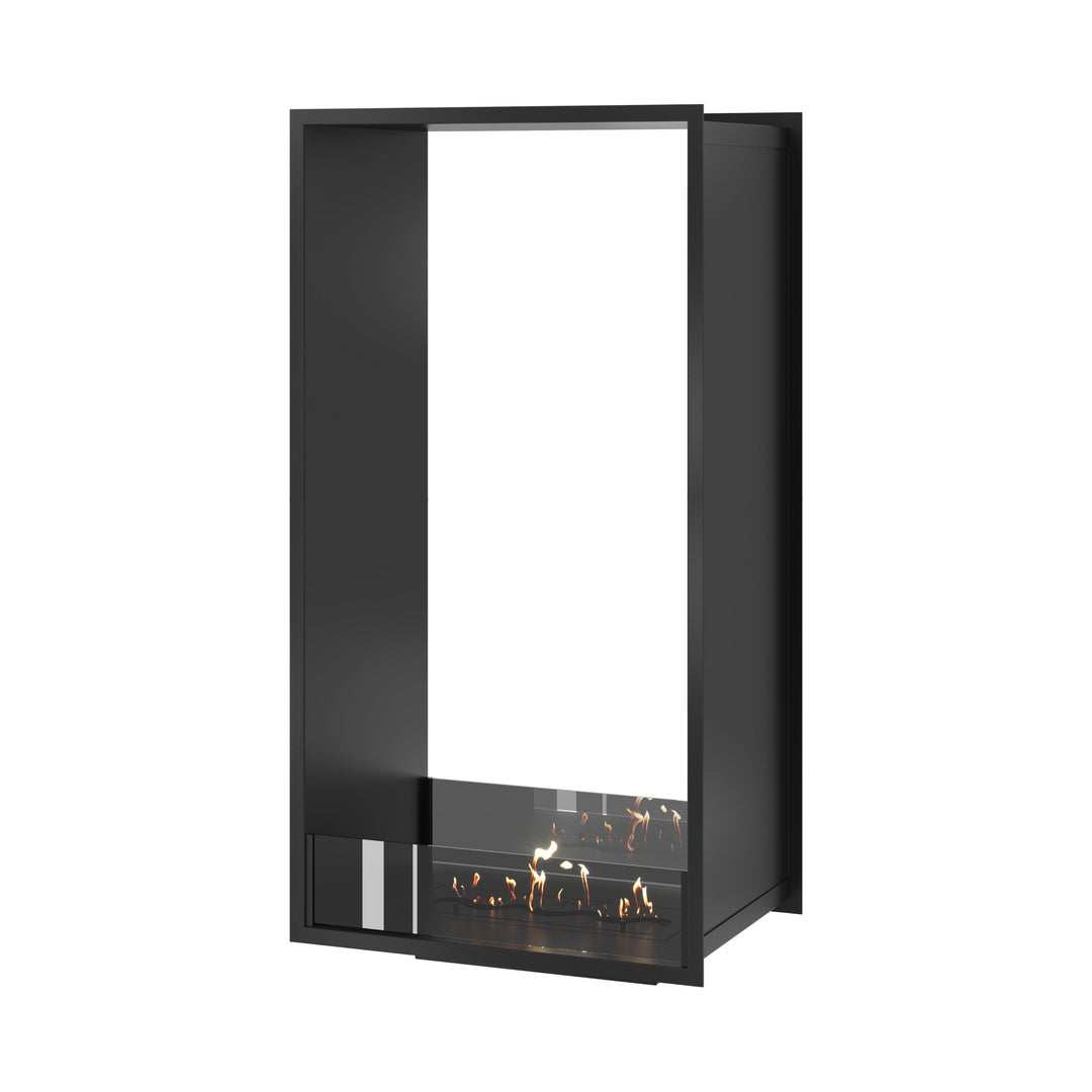 Bioethanol Einbau Tunnelkamin FAME Vertikal 60x160 cm mit niedriger Glasscheibe in Schwarz, Perspektivansicht auf weißem Hintergrund