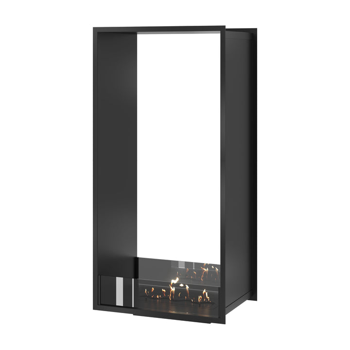 Bioethanol Einbau Tunnelkamin FAME Vertikal 60x180 cm mit niedriger Glasscheibe in Schwarz, Perspektivansicht auf weißem Hintergrund