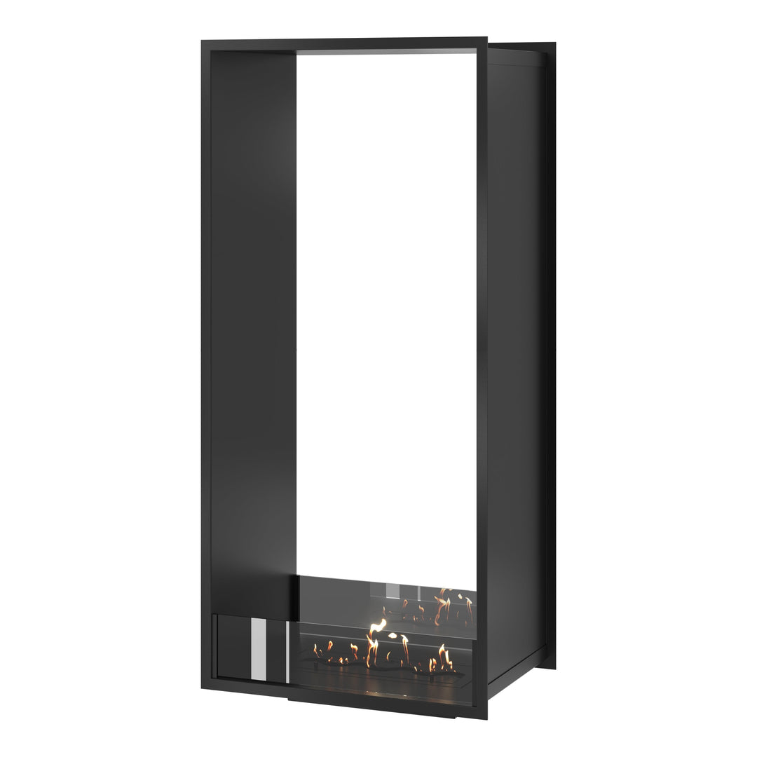 Bioethanol Einbau Tunnelkamin FAME Vertikal 60x200 cm mit niedriger Glasscheibe in Schwarz, Perspektivansicht auf weißem Hintergrund