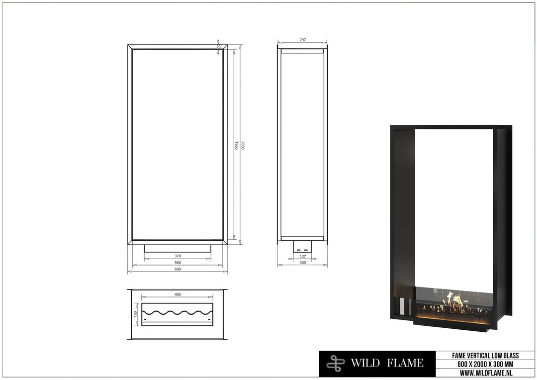 Bioethanol Einbau Tunnelkamin FAME Vertikal 60x200 technische Zeichnung mit Maßen 600 x 2000 x 300 mm