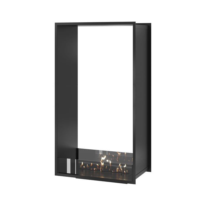 Bioethanol Einbau Tunnelkamin FAME Vertikal 70x140 cm mit niedriger Glasscheibe in Schwarz, Perspektivansicht auf weißem Hintergrund