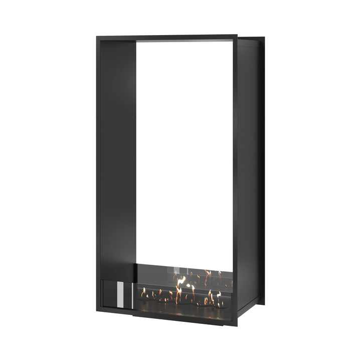 Bioethanol Einbau Tunnelkamin FAME Vertikal 70x160 cm mit niedriger Glasscheibe in Schwarz, Perspektivansicht auf weißem Hintergrund