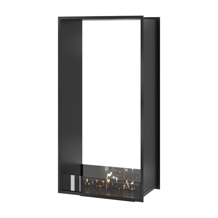 Bioethanol Einbau Tunnelkamin FAME Vertikal 70x180 cm mit niedriger Glasscheibe in Schwarz, Perspektivansicht auf weißem Hintergrund