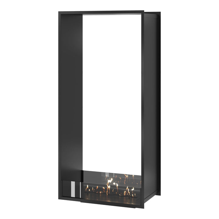 Bioethanol Einbau Tunnelkamin FAME Vertikal 70x200 cm mit niedriger Glasscheibe in Schwarz, Perspektivansicht auf weißem Hintergrund