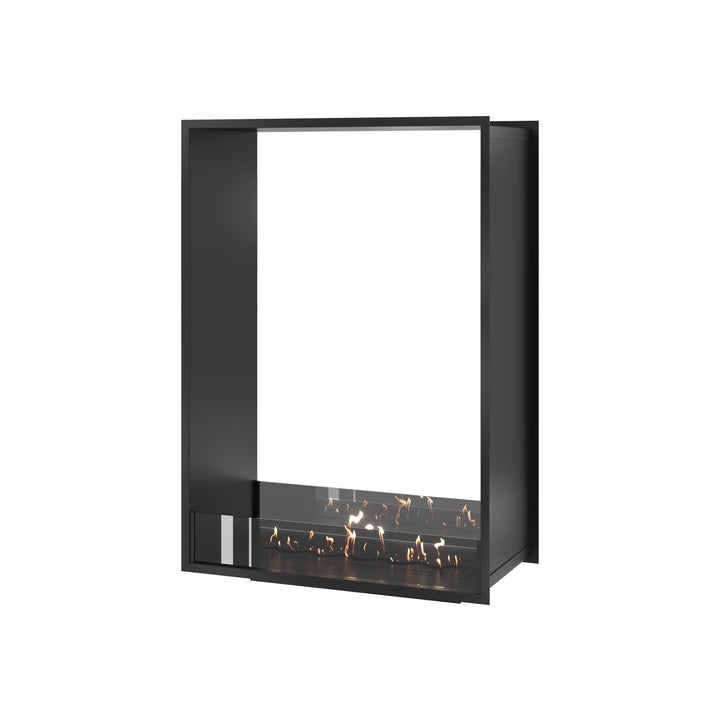 Bioethanol Einbau Tunnelkamin FAME Vertikal 80x100 cm mit niedriger Glasscheibe in Schwarz, Perspektivansicht auf weißem Hintergrund