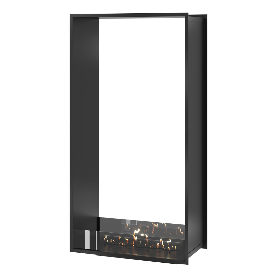 Bioethanol Einbau Tunnelkamin FAME Vertikal 80x200 cm mit niedriger Glasscheibe in Schwarz, Perspektivansicht auf weißem Hintergrund