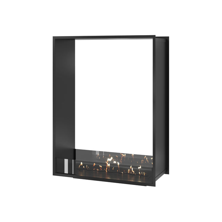 Bioethanol Einbau Tunnelkamin FAME Vertikal 90x100 cm mit niedriger Glasscheibe in Schwarz, Perspektivansicht auf weißem Hintergrund