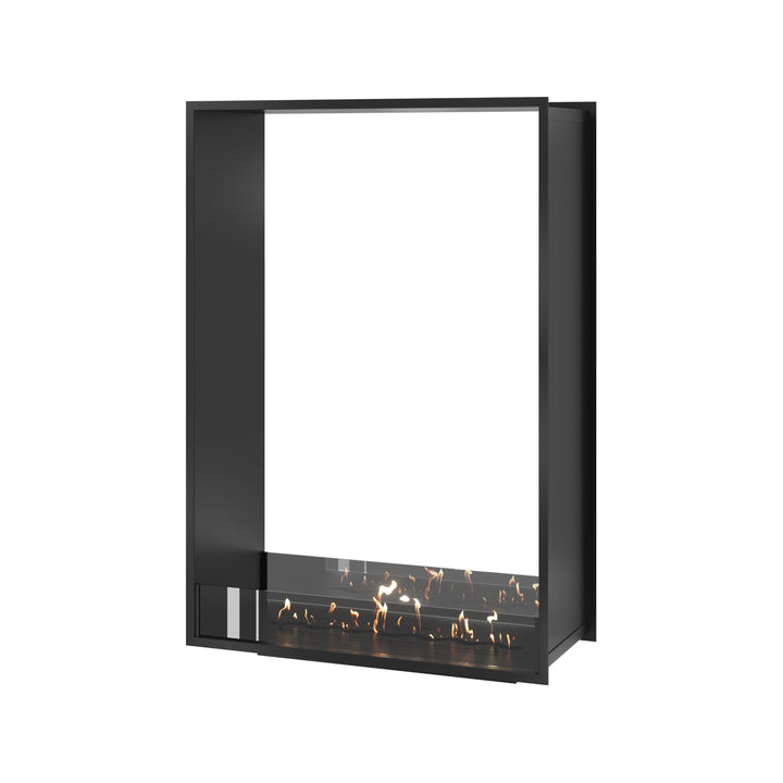 Bioethanol Einbau Tunnelkamin FAME Vertikal 90x120 cm mit niedriger Glasscheibe in Schwarz, Perspektivansicht auf weißem Hintergrund