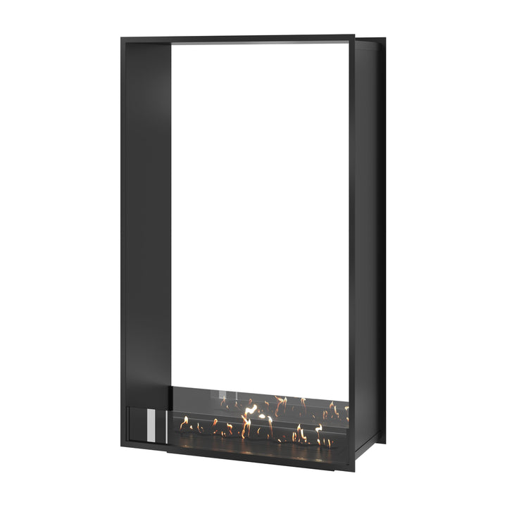 Bioethanol Einbau Tunnelkamin FAME Vertikal 90x180 cm mit niedriger Glasscheibe in Schwarz, Perspektivansicht auf weißem Hintergrund