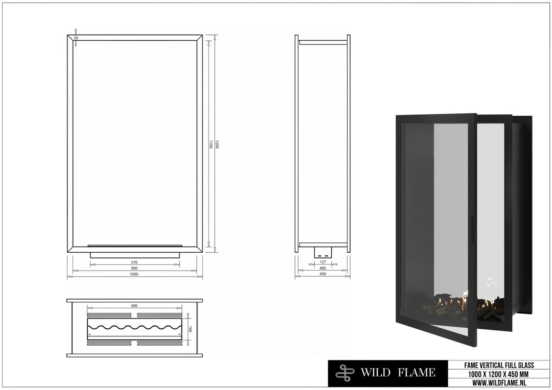 Bioethanol Einbau Tunnelkamin FAME Vollglas Vertikal 100x120 technische Zeichnung mit Maßen 1000 x 1200 x 450 mm