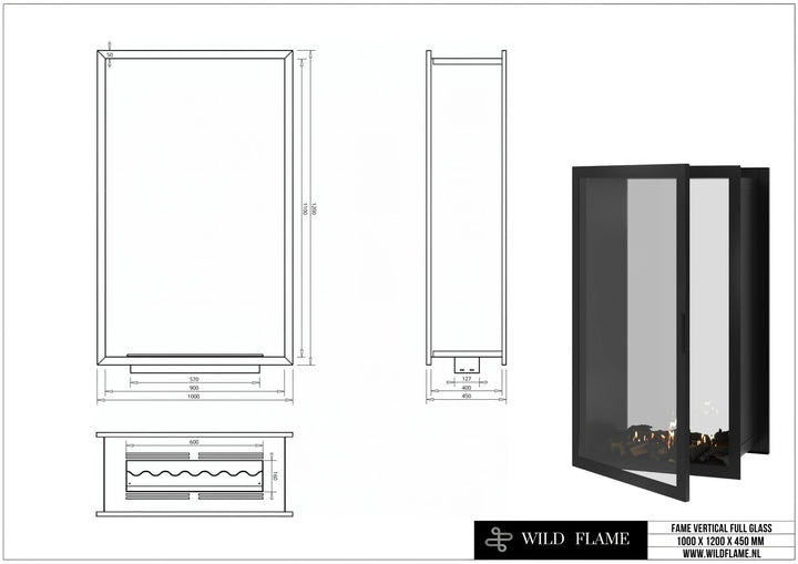 Bioethanol Einbau Tunnelkamin FAME Vollglas Vertikal 100x120 technische Zeichnung mit Maßen 1000 x 1200 x 450 mm