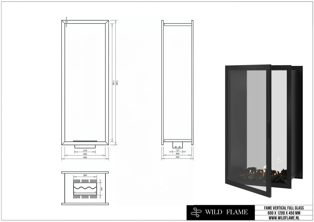 Bioethanol Einbau Tunnelkamin FAME Vollglas Vertikal 60x120 technische Zeichnung mit Maßen 600 x 1200 x 450 mm