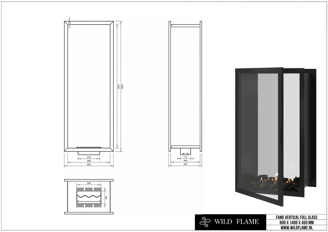 Bioethanol Einbau Tunnelkamin FAME Vollglas Vertikal 60x140 technische Zeichnung mit Maßen 600 x 1400 x 450 mm