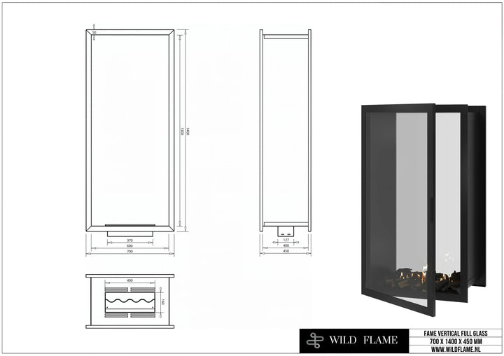 Bioethanol Einbau Tunnelkamin FAME Vollglas Vertikal 70x140 technische Zeichnung mit Maßen 700 x 1400 x 450 mm