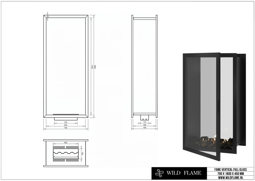 Bioethanol Einbau Tunnelkamin FAME Vollglas Vertikal 70x180 technische Zeichnung mit Maßen 700 x 1800 x 450 mm