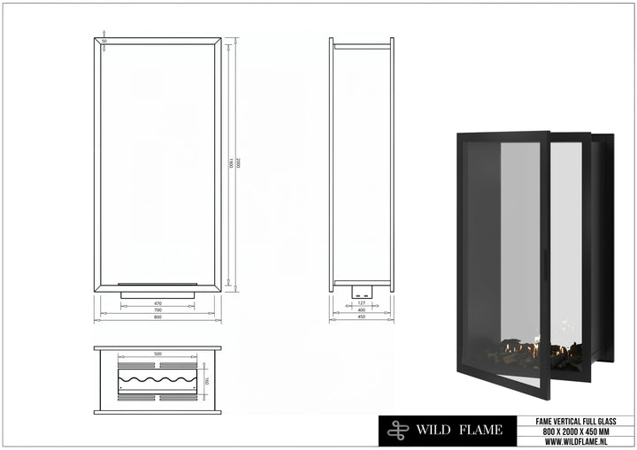 Bioethanol Einbau Tunnelkamin FAME Vollglas Vertikal 80x200 technische Zeichnung mit Maßen 800 x 2000 x 450 mm
