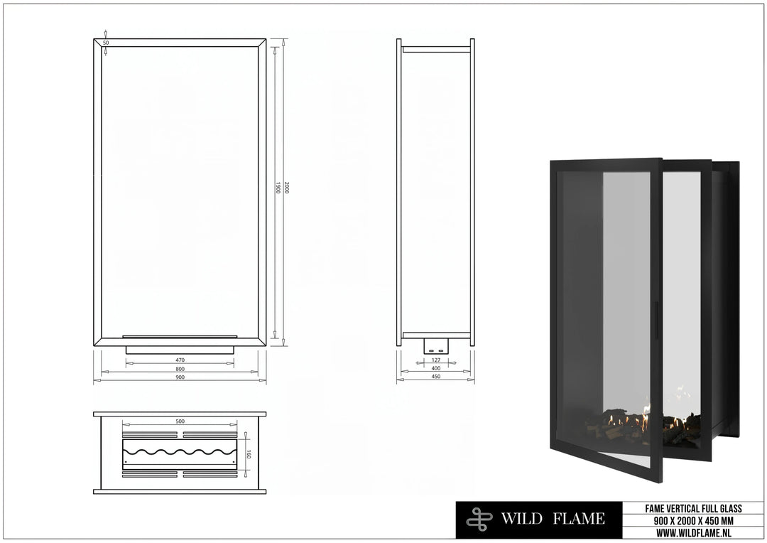 Bioethanol Einbau Tunnelkamin FAME Vollglas Vertikal 90x200 technische Zeichnung mit Maßen 900 x 2000 x 450 mm