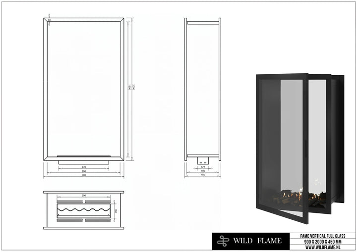 Bioethanol Einbau Tunnelkamin FAME Vollglas Vertikal 90x200 technische Zeichnung mit Maßen 900 x 2000 x 450 mm