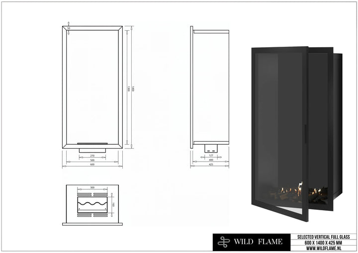 Bioethanol Einbaukamin SELECTED Vollglas Vertikal 60x140 technische Zeichnung mit Maßen 600 x 1400 x 425 mm