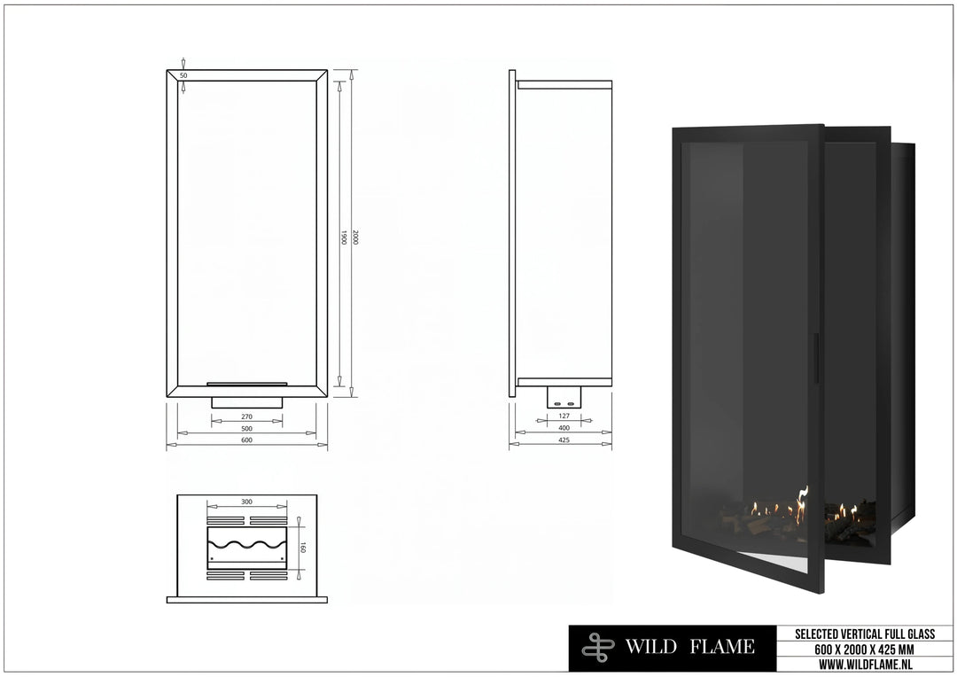 Bioethanol Einbaukamin SELECTED Vollglas Vertikal 60x200 technische Zeichnung mit Maßen 600 x 2000 x 425 mm
