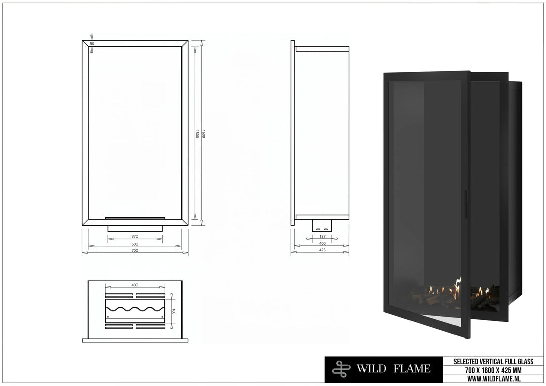 Bioethanol Einbaukamin SELECTED Vollglas Vertikal 70x160 technische Zeichnung mit Maßen 700 x 1600 x 425 mm