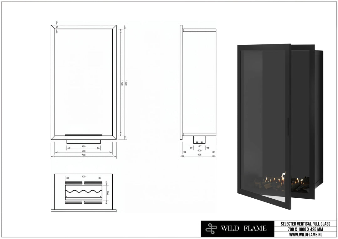 Bioethanol Einbaukamin SELECTED Vollglas Vertikal 70x180 technische Zeichnung mit Maßen 700 x 1800 x 425 mm