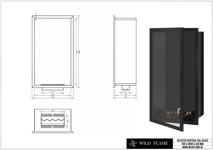 Bioethanol Einbaukamin SELECTED Vollglas Vertikal 70x200 technische Zeichnung mit Maßen 700 x 2000 x 425 mm