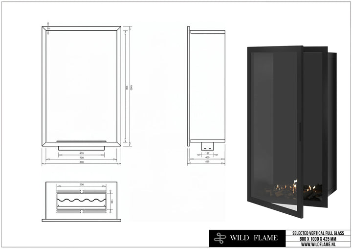 Bioethanol Einbaukamin SELECTED Vollglas Vertikal 80x100 technische Zeichnung mit Maßen 800 x 1000 x 425 mm