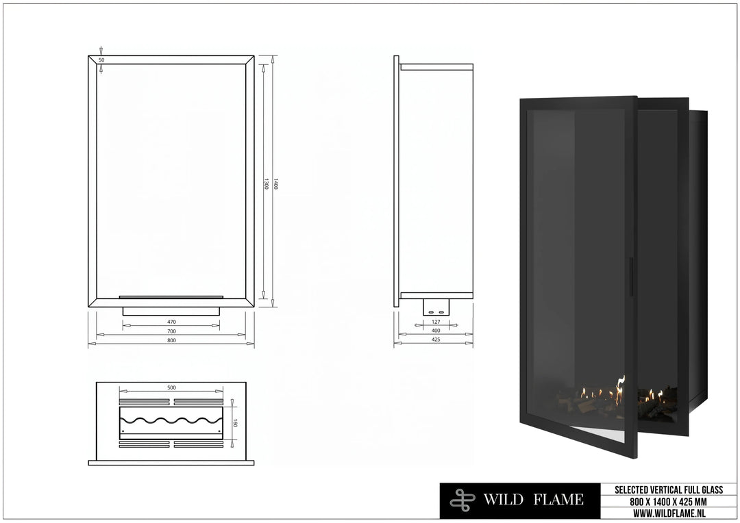 Bioethanol Einbaukamin SELECTED Vollglas Vertikal 80x140 technische Zeichnung mit Maßen 800 x 1400 x 425 mm