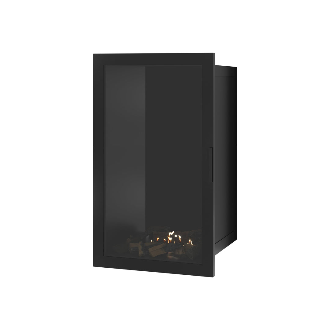Bioethanol Einbaukamin SELECTED Vertikal 60x100 cm mit Vollverglasung in Schwarz, Perspektivansicht mit geschlossener Glastür auf weißem Hintergrund