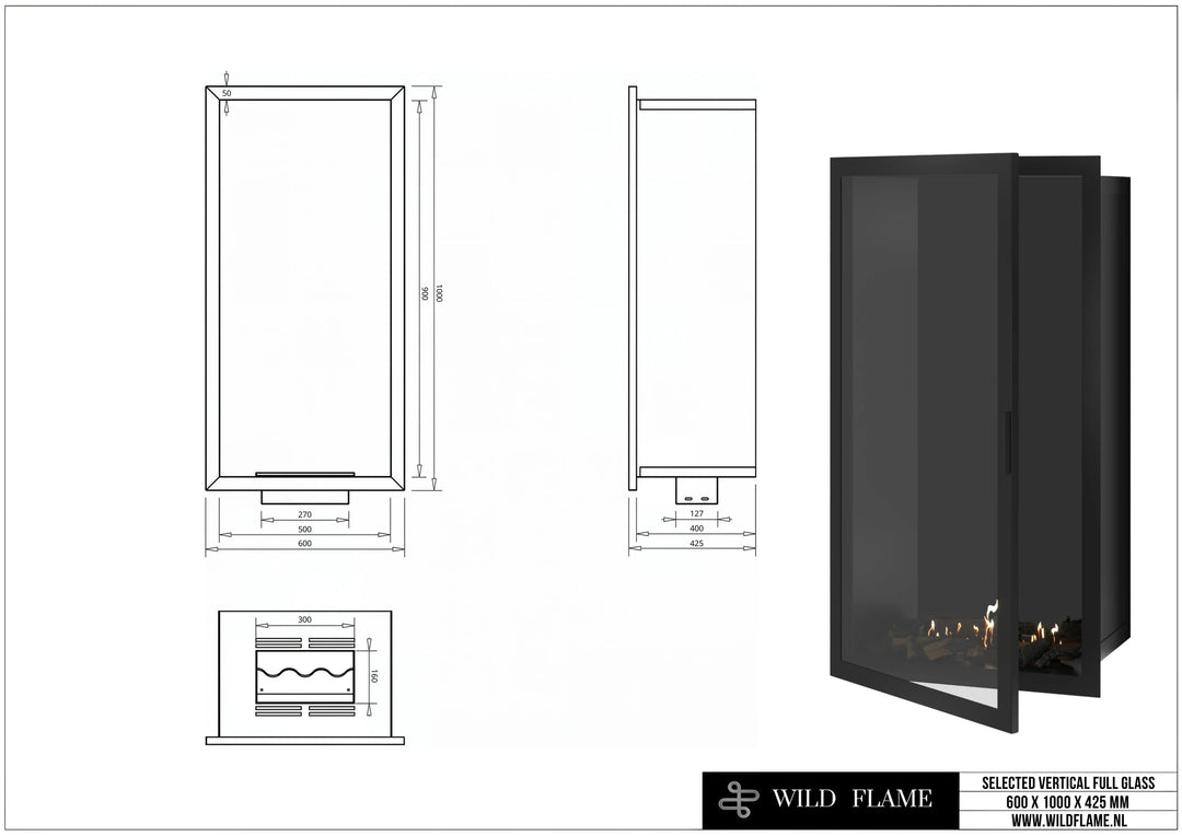 Bioethanol Einbaukamin SELECTED Vertikal 60x100 cm mit Vollverglasung, technische Zeichnung mit Maßen 600 x 1000 x 425 mm