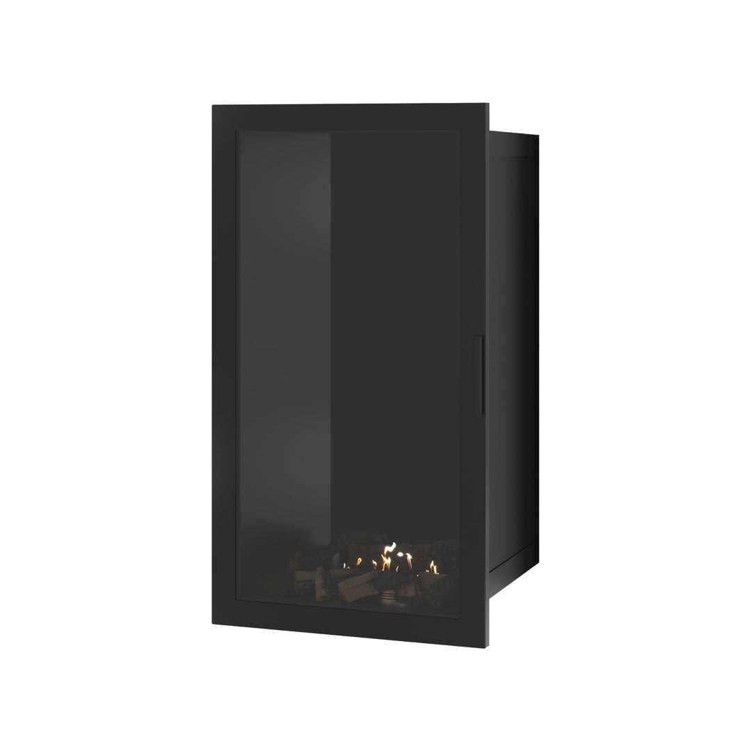 Bioethanol Einbaukamin SELECTED Vertikal 60x120 cm mit Vollverglasung in Schwarz, Perspektivansicht mit geschlossener Glastür auf weißem Hintergrund