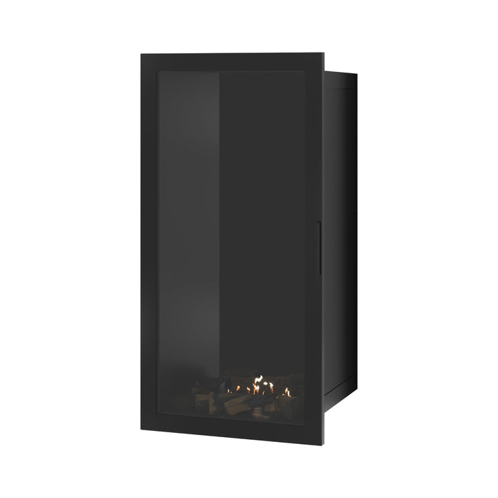 Bioethanol Einbaukamin SELECTED Vertikal 60x140 cm mit Vollverglasung in Schwarz, Perspektivansicht mit geschlossener Glastür auf weißem Hintergrund