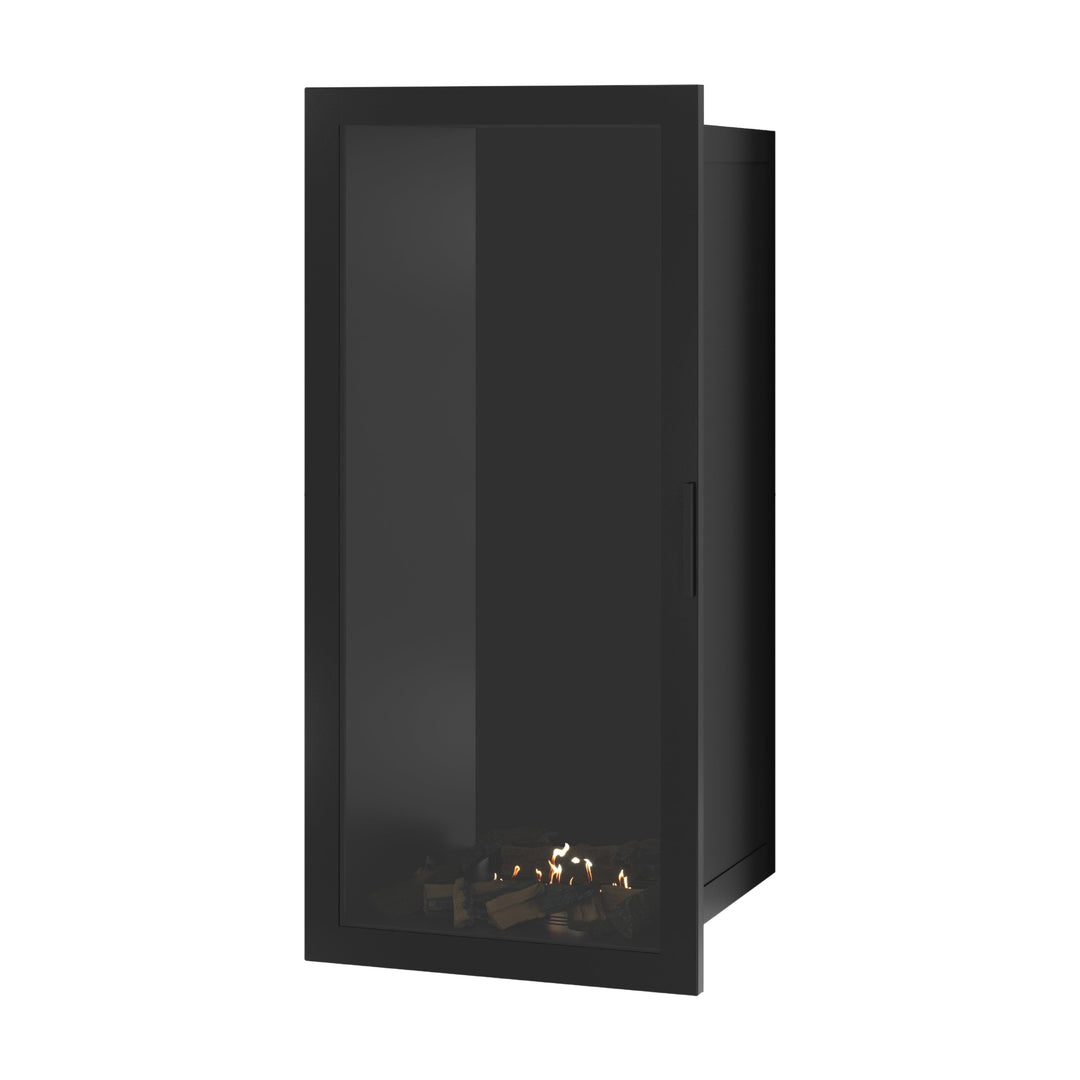 Bioethanol Einbaukamin SELECTED Vertikal 60x160 cm mit Vollverglasung in Schwarz, Perspektivansicht mit geschlossener Glastür auf weißem Hintergrund