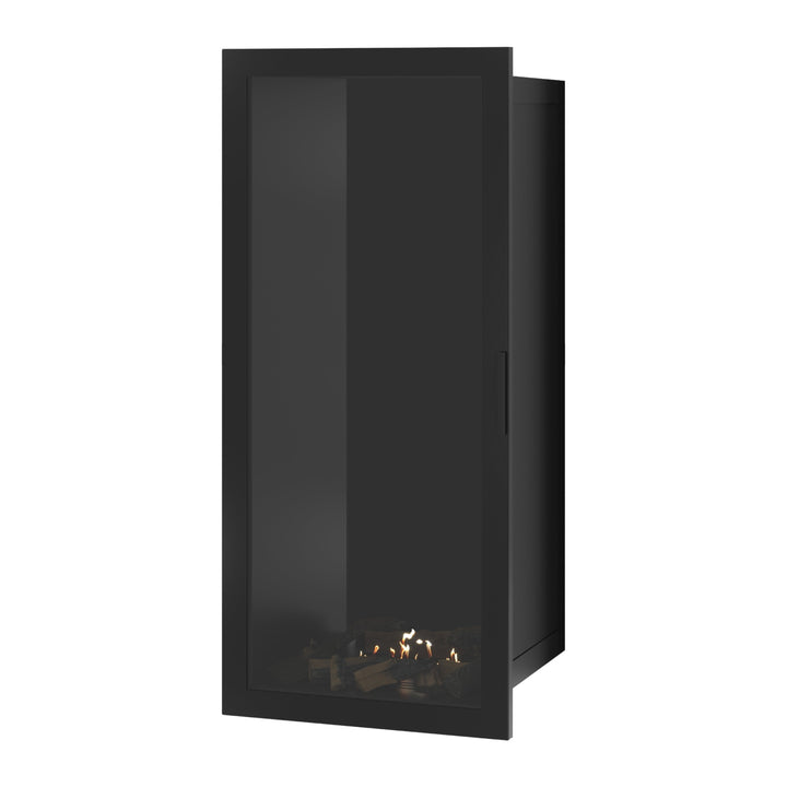 Bioethanol Einbaukamin SELECTED Vertikal 60x180 cm mit Vollverglasung in Schwarz, Perspektivansicht mit geschlossener Glastür auf weißem Hintergrund