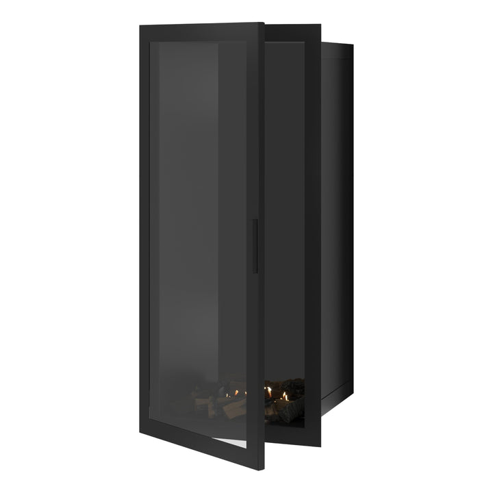 Bioethanol Einbaukamin SELECTED Vertikal 60x180 cm mit Vollverglasung in Schwarz, Perspektivansicht mit geöffneter Glastür auf weißem Hintergrund