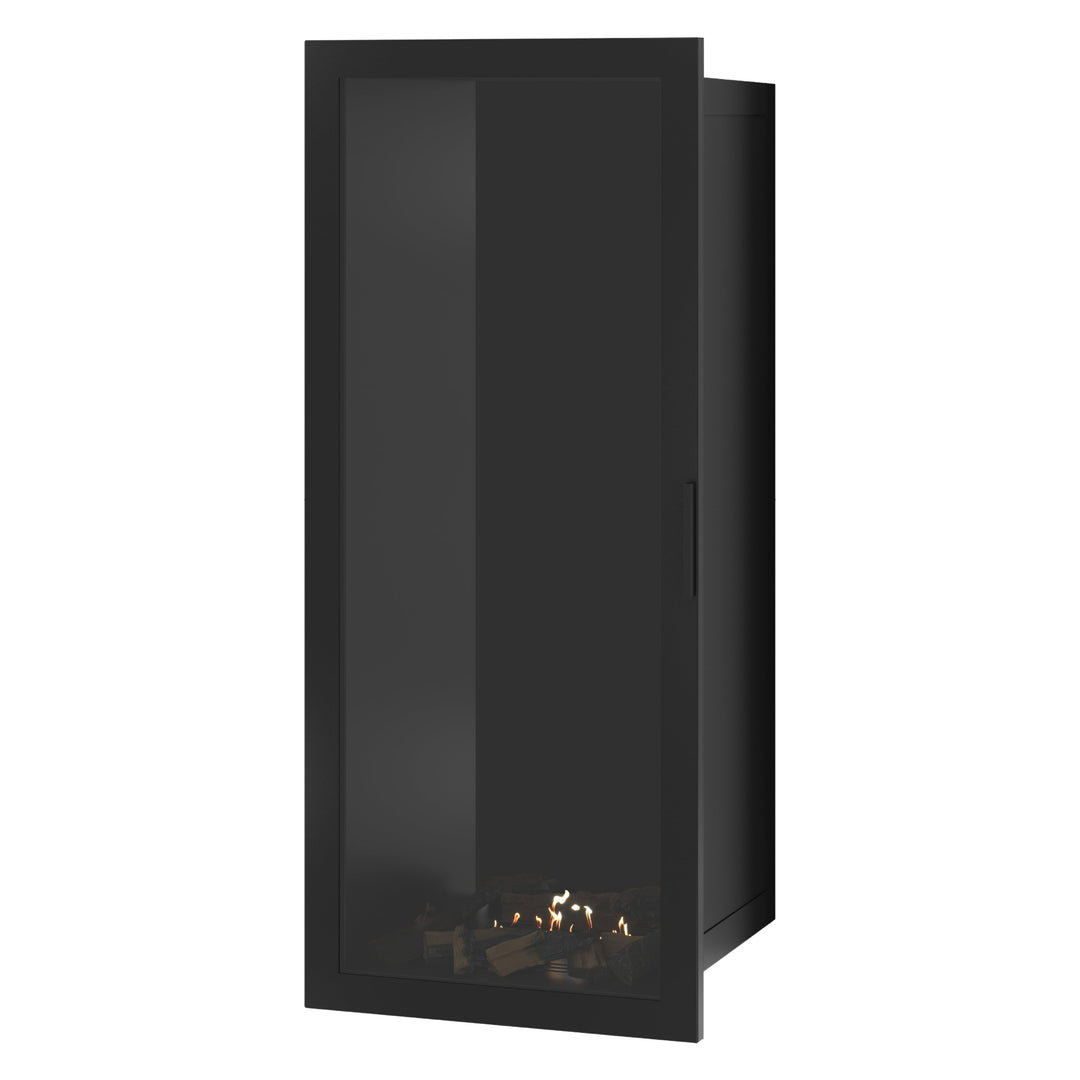 Bioethanol Einbaukamin SELECTED Vertikal 60x200 cm mit Vollverglasung in Schwarz, Perspektivansicht mit geschlossener Glastür auf weißem Hintergrund