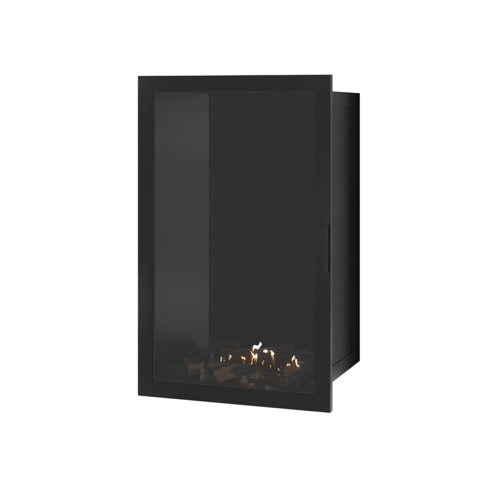 Bioethanol Einbaukamin SELECTED Vertikal 70x100 cm mit Vollverglasung in Schwarz, Perspektivansicht mit geschlossener Glastür auf weißem Hintergrund