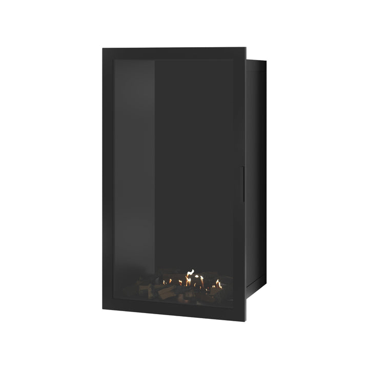Bioethanol Einbaukamin SELECTED Vertikal 70x120 cm mit Vollverglasung in Schwarz, Perspektivansicht mit geschlossener Glastür auf weißem Hintergrund